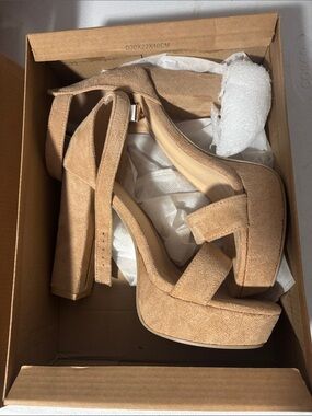 Women's Beige Suede Platform Block Heel Sandals